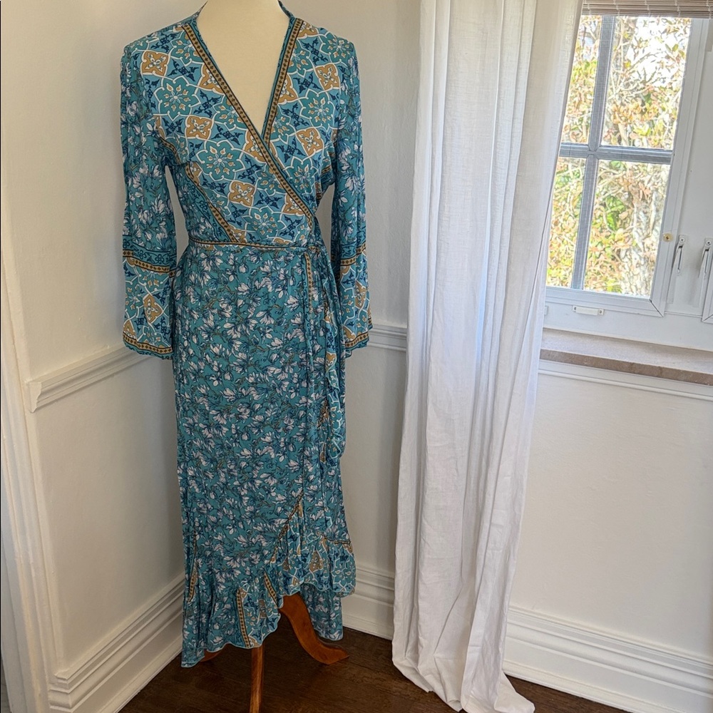Sea Lustre Floral Wrap Dress in Blue and Gold